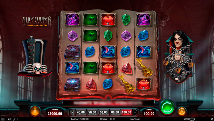 Playing field of Alice Cooper and the Tome of Madness slot